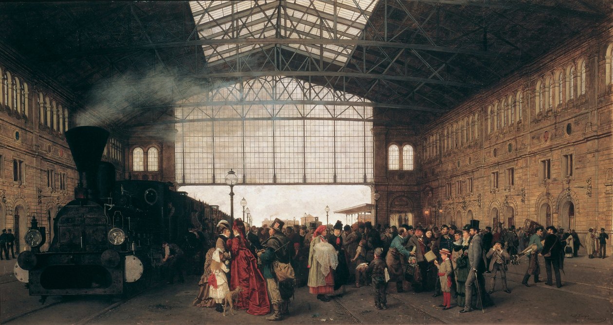 Przyjazd pociągu na dworzec Północno-Zachodni w Wiedniu, przy Karl Karger (1848-1913) autorstwa Carl Karger