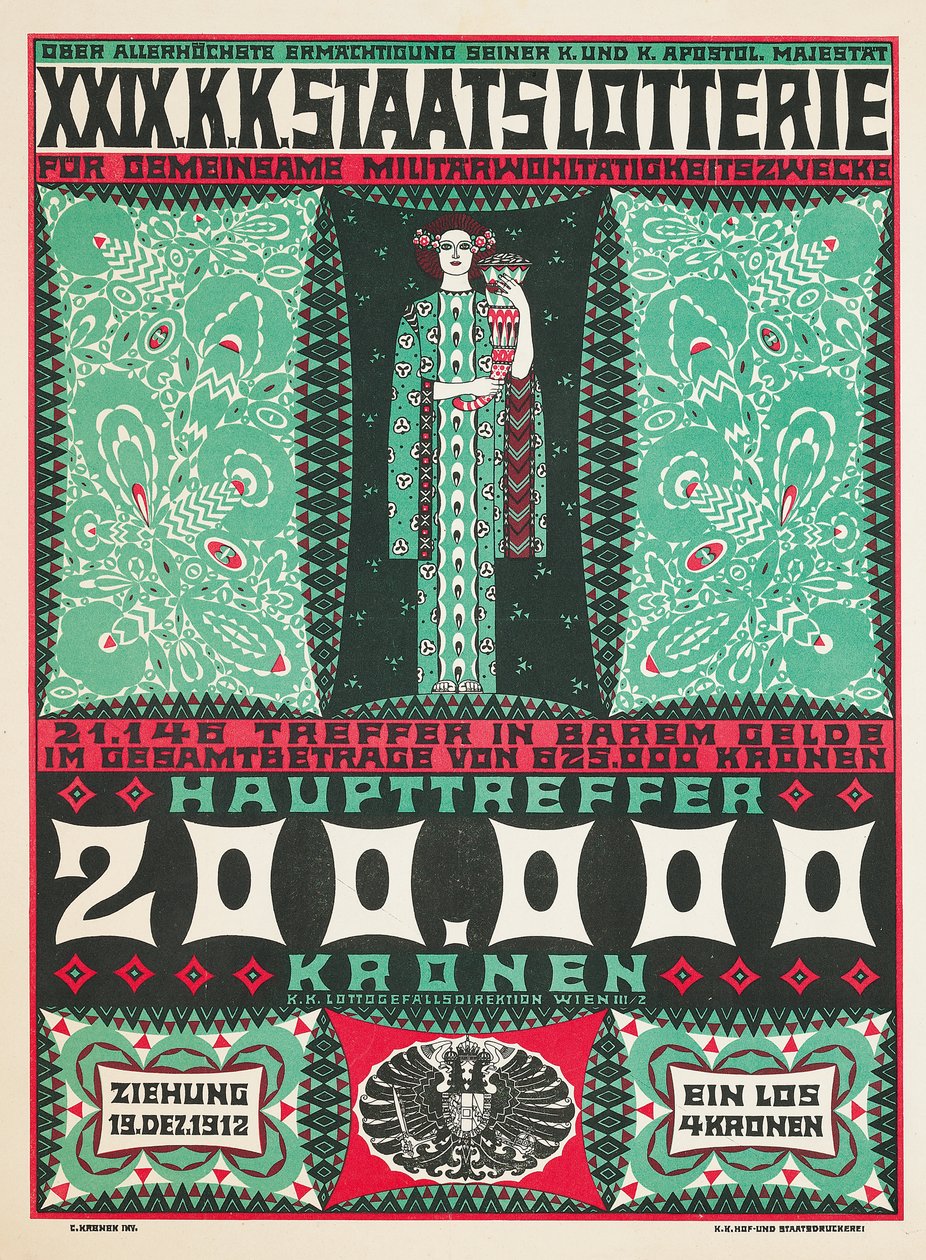Plakat reklamujący 24. królewską austriacką loterię charytatywną w 1912 r. autorstwa Carl Krenek
