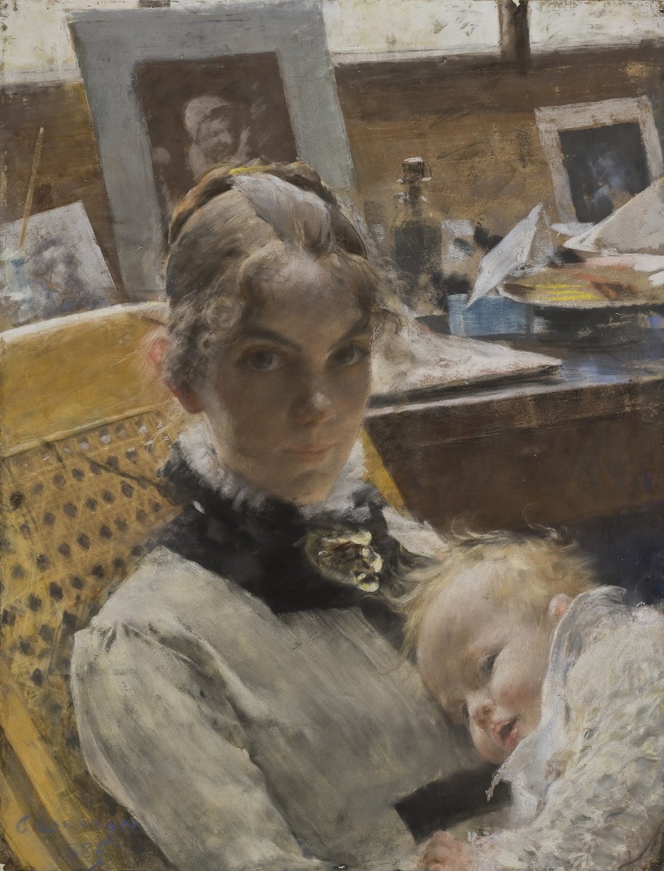 Idylla pracowni: artystka i córka Suzanne, 1885 (pastel) autorstwa Carl Larsson