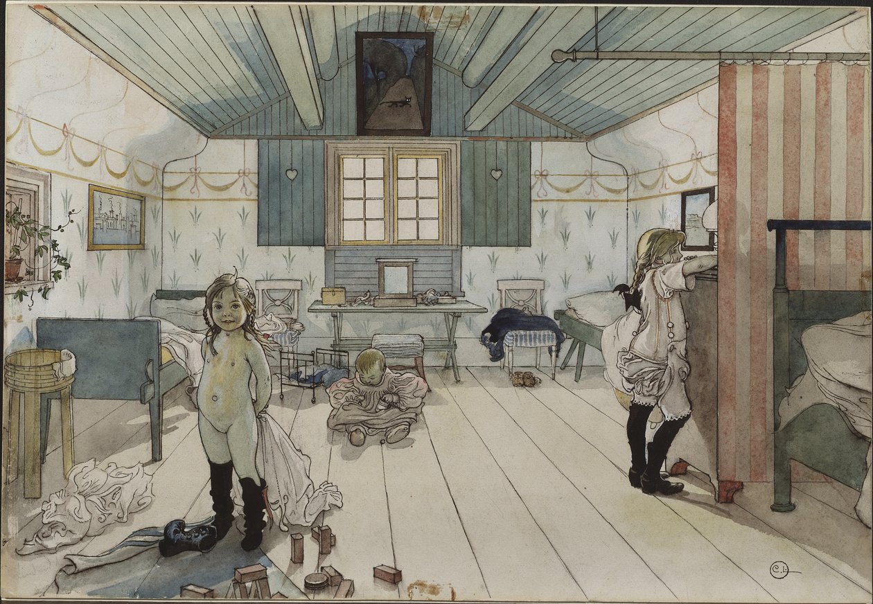 Chambre de petites filles - Mały pokój dziewczynek, autorstwa Larssona, Carla (1853-1919). Akwarela na papierze. Wymiar : 32x43 cm. Muzeum Narodowe w Sztokholmie autorstwa Carl Larsson