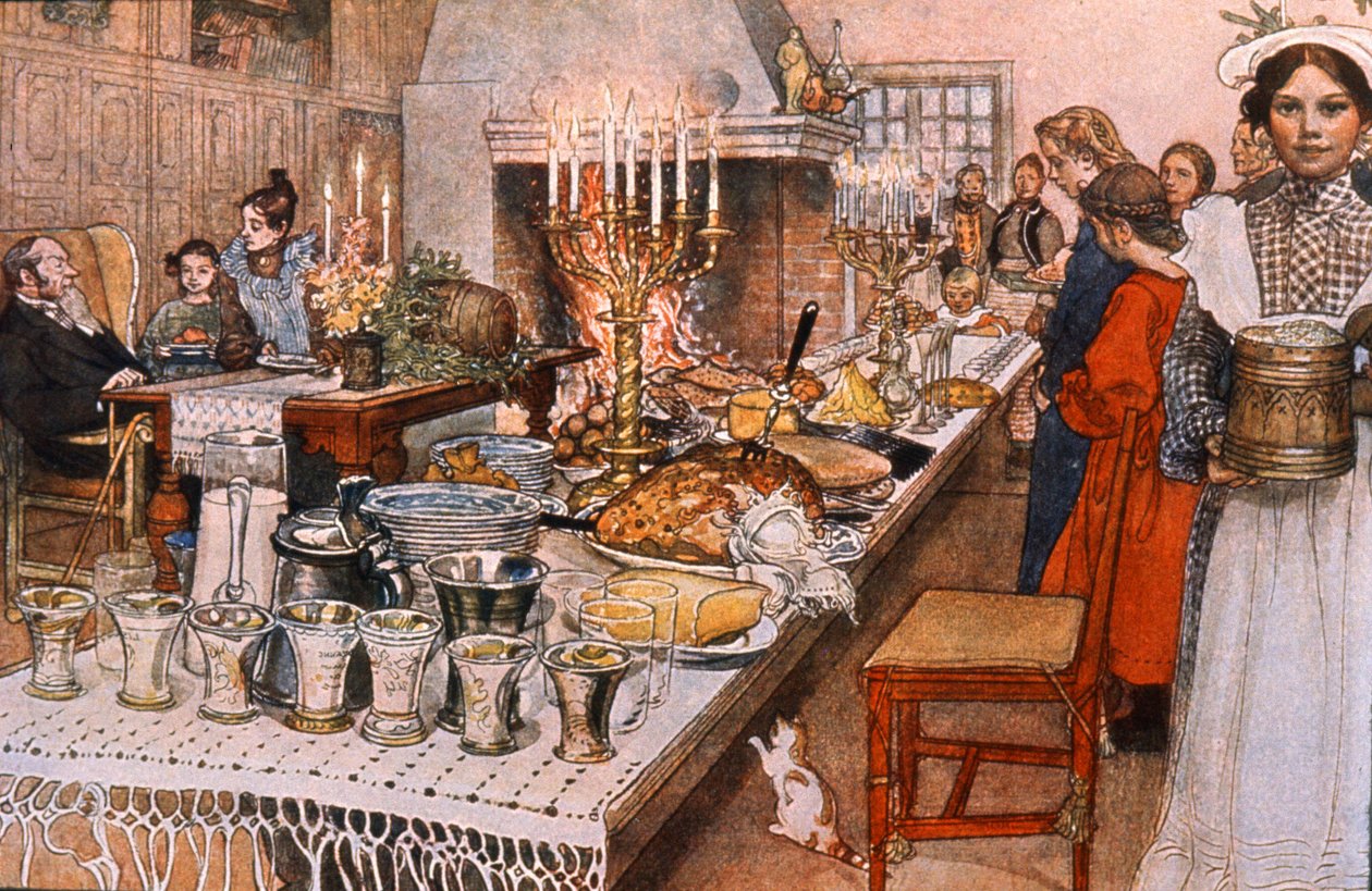 Kolacja wigilijna w Szwecji, początek XX wieku (ilustracja) autorstwa Carl Larsson