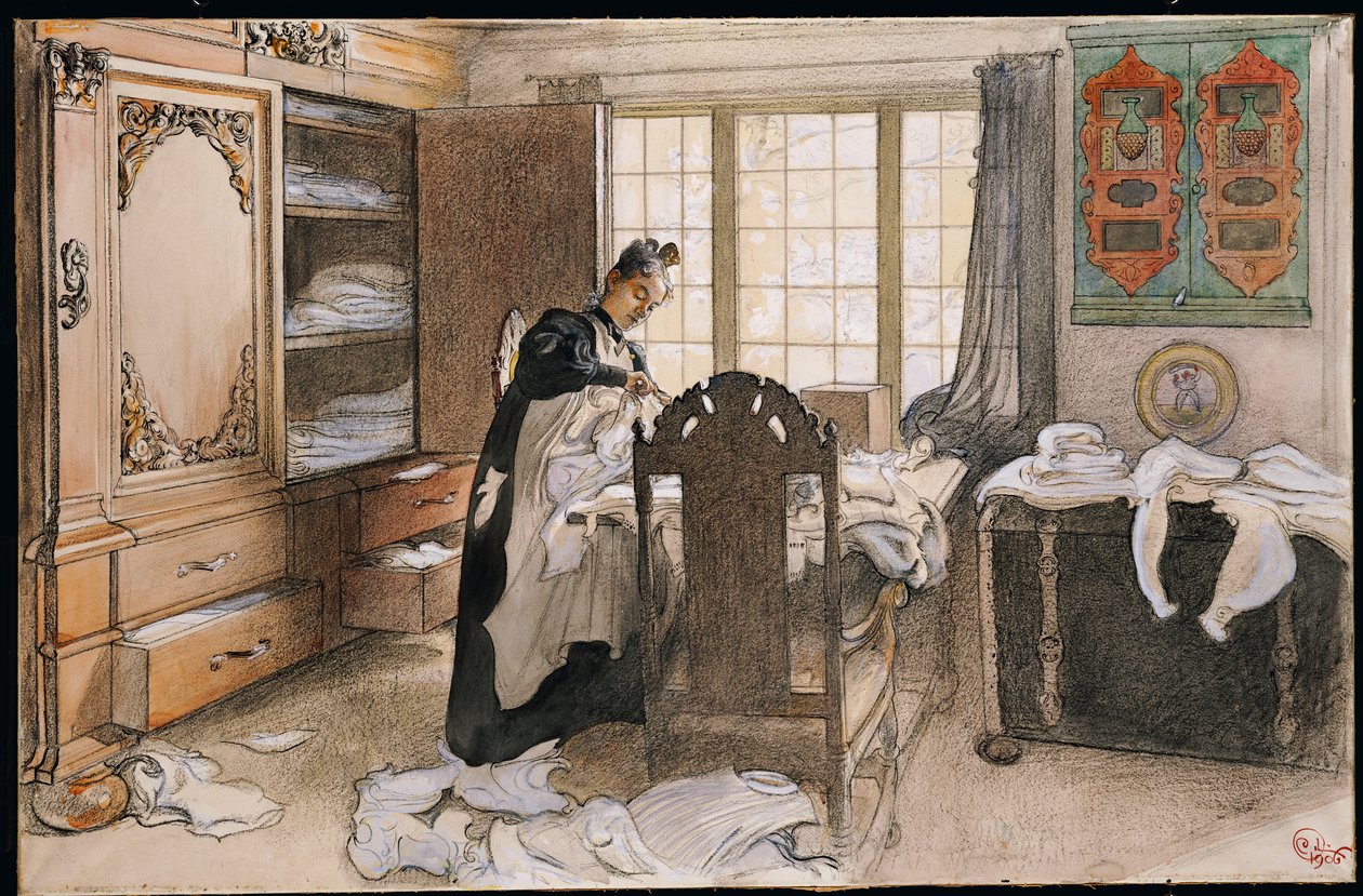 Karin przy kredensie na bieliznę, 1906 autorstwa Carl Larsson