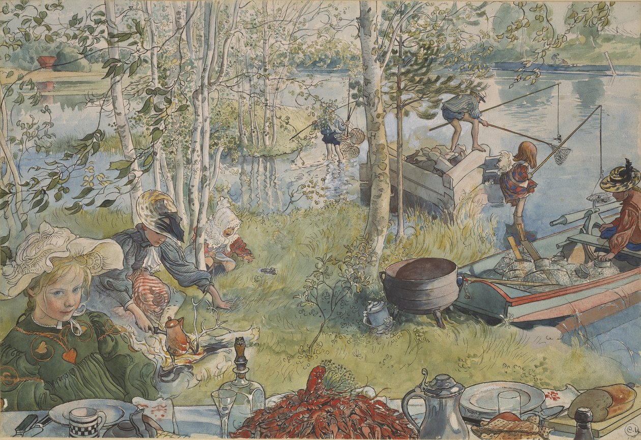 La peche aux ecrevisses - Łowienie raków, Larsson, Carl (1853-1919). Kolory akrylowe na papierze. Wymiar : 32x43 cm. Muzeum Narodowe w Sztokholmie autorstwa Carl Larsson
