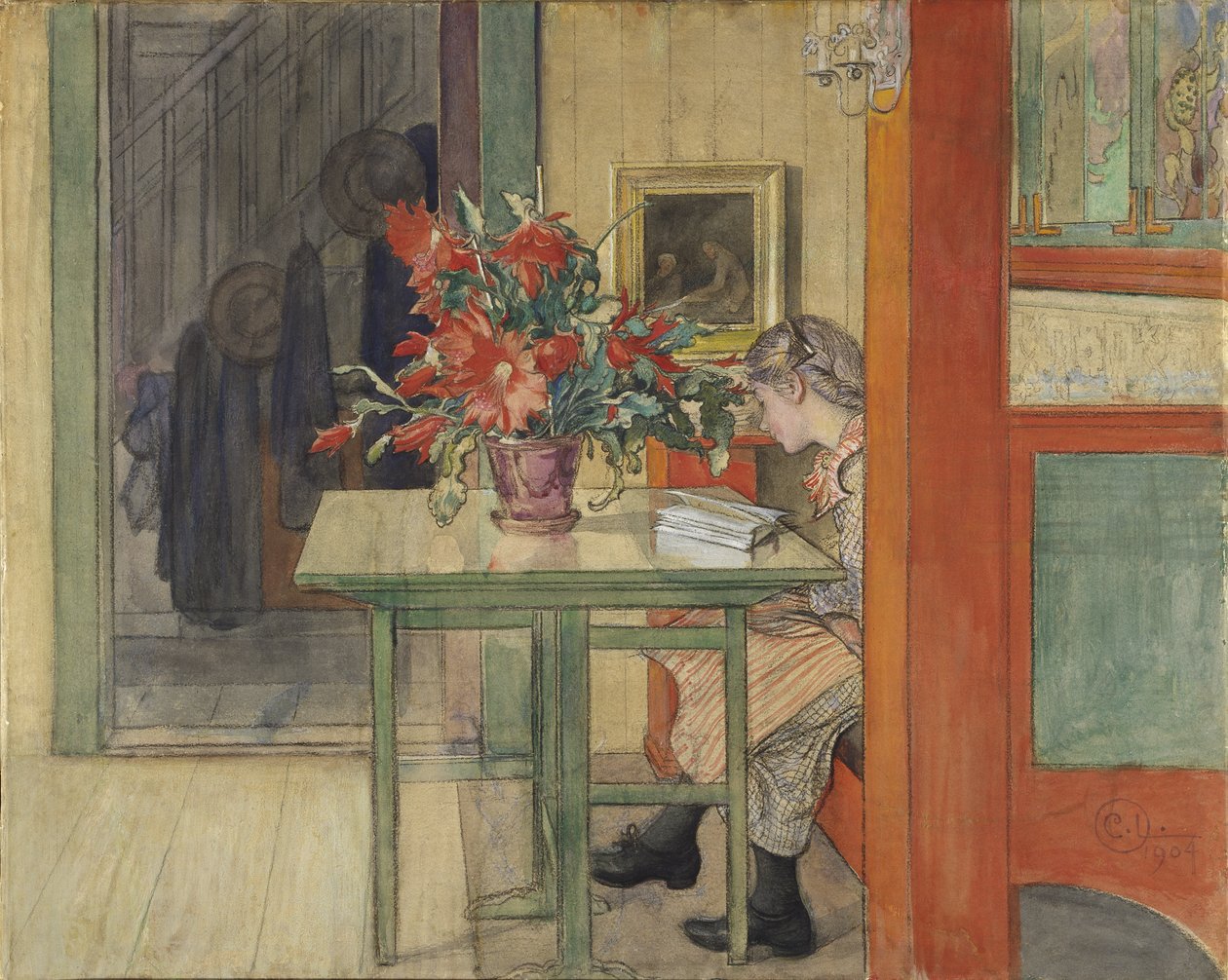 Lisbeth lisant - Lisbeth Reading, Larsson, Carl (1853-1919). Akwarela i tempera na papierze autorstwa Carl Larsson