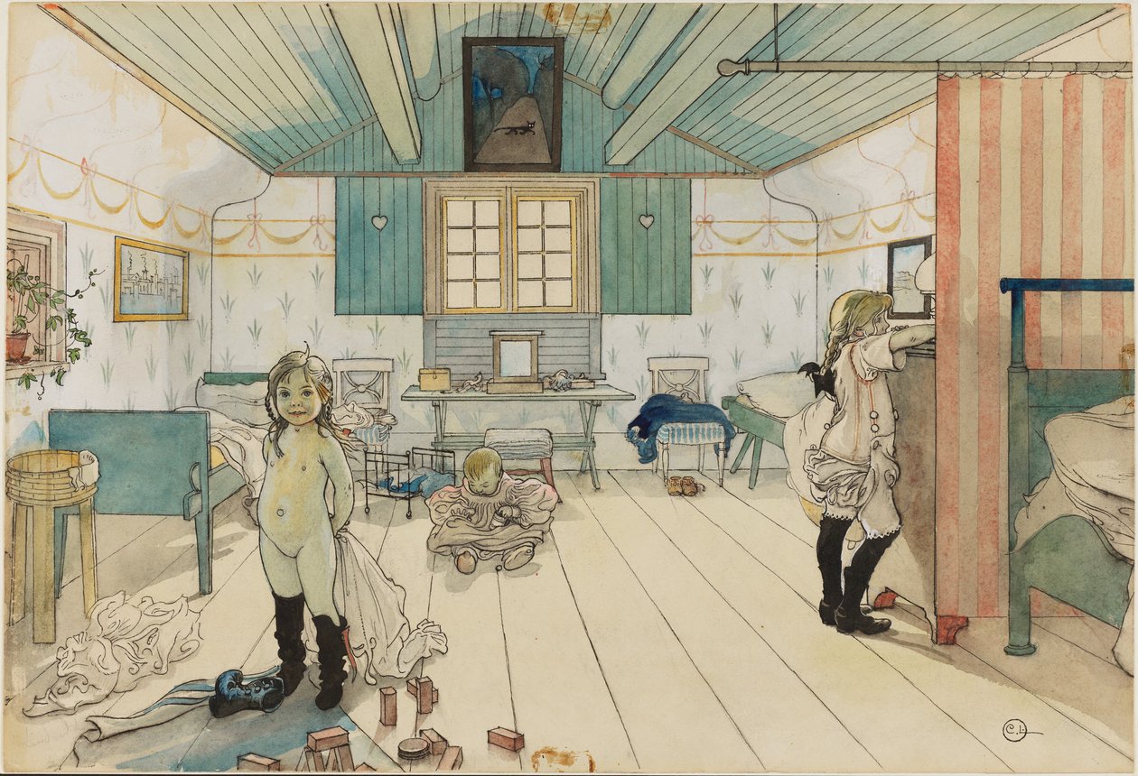 Pokój matki i małych dziewczynek. Z dzieła Dom (26 akwarel) autorstwa Carl Larsson