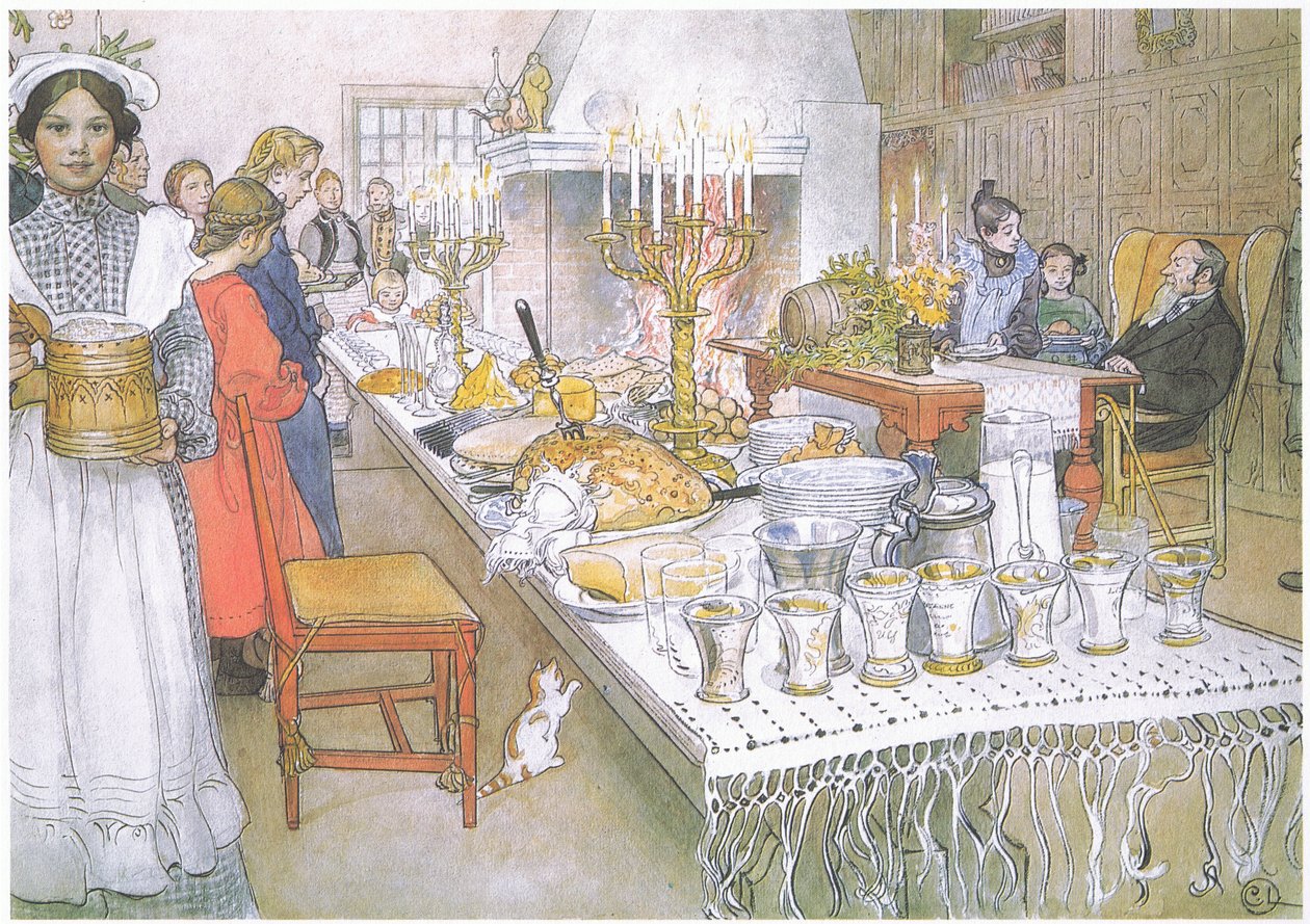 W Wigilię ogromny długi stół w dużej sali jest całkowicie pokryty jedzeniem (kolorowa litografia) autorstwa Carl Larsson