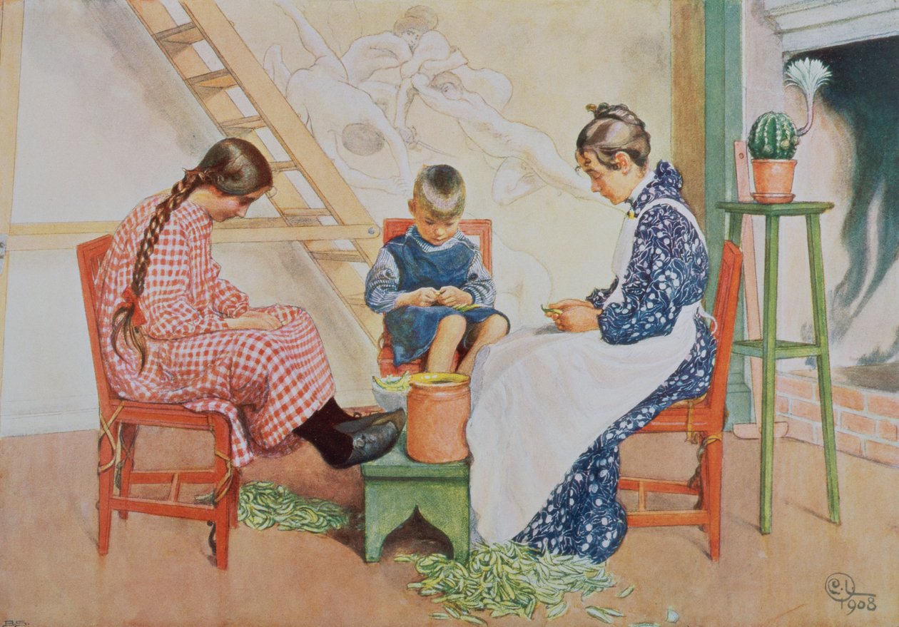 Łuskanie Grochu, wyd. w „Last Licht Hinten” („Wpuśćmy więcej światła”), 1909 autorstwa Carl Larsson