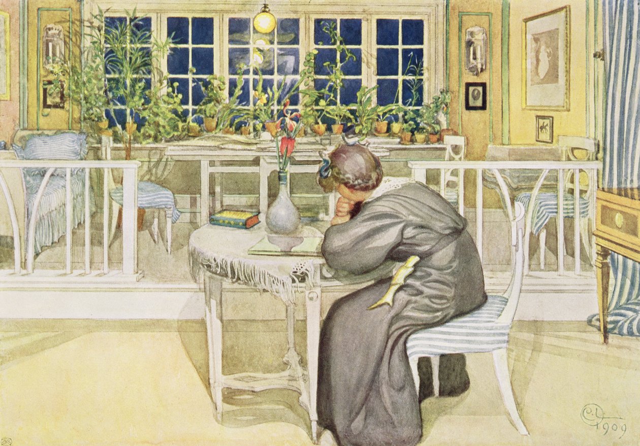 Wieczór przed podróżą do Anglii - Pokój studiów, opublikowane w "Lasst Licht Hinin", 1909 autorstwa Carl Larsson