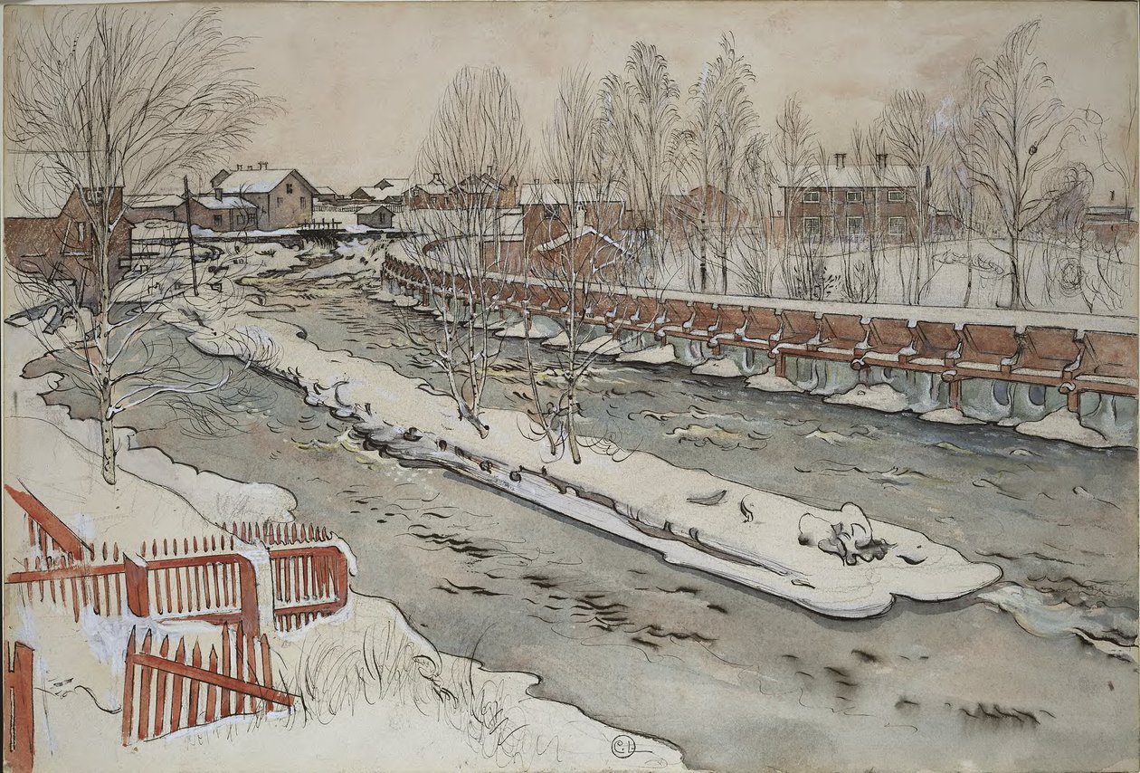 „Zsyp na drewno”. Scena zimowa. Z cyklu „Dom” (26 akwareli) autorstwa Carl Larsson