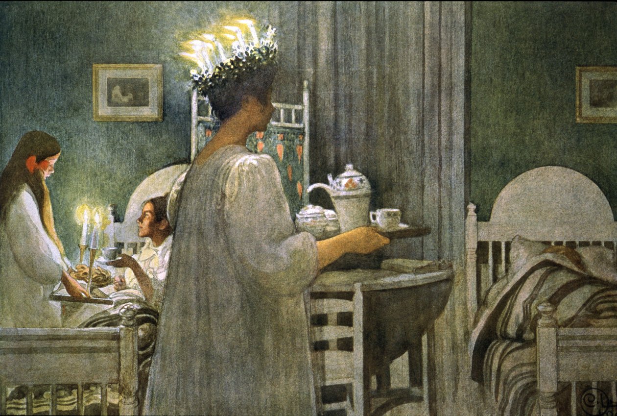 młoda dziewczyna z koroną świec na włosach podczas dnia Świętej Łucji, ilustracja 1916 autorstwa Carl Larsson