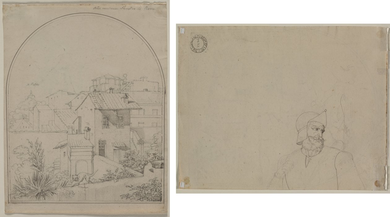 Widok z mojego okna w Rzymie (recto) Żołnierz w krajobrazie (verso) autorstwa Carl Ludwig Tischbein