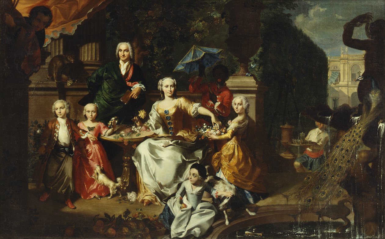 Grupa rodzinna na tarasie na terenie willi, prawdopodobnie George Jackson i jego rodzina, 1737 autorstwa Carl Marcus Tuscher