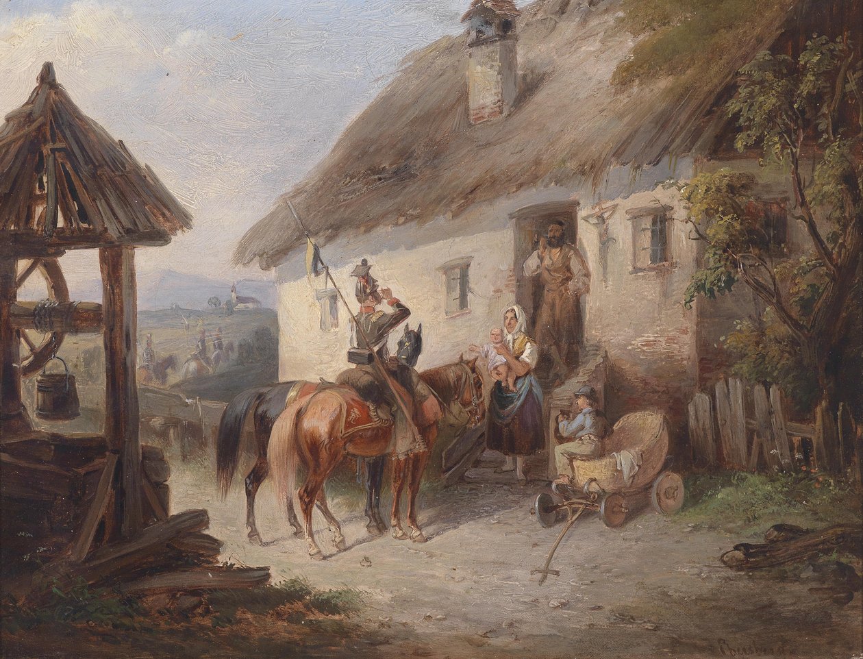 Austriaccy ułani przed wiejskim domem autorstwa Carl Martin Ebersberg