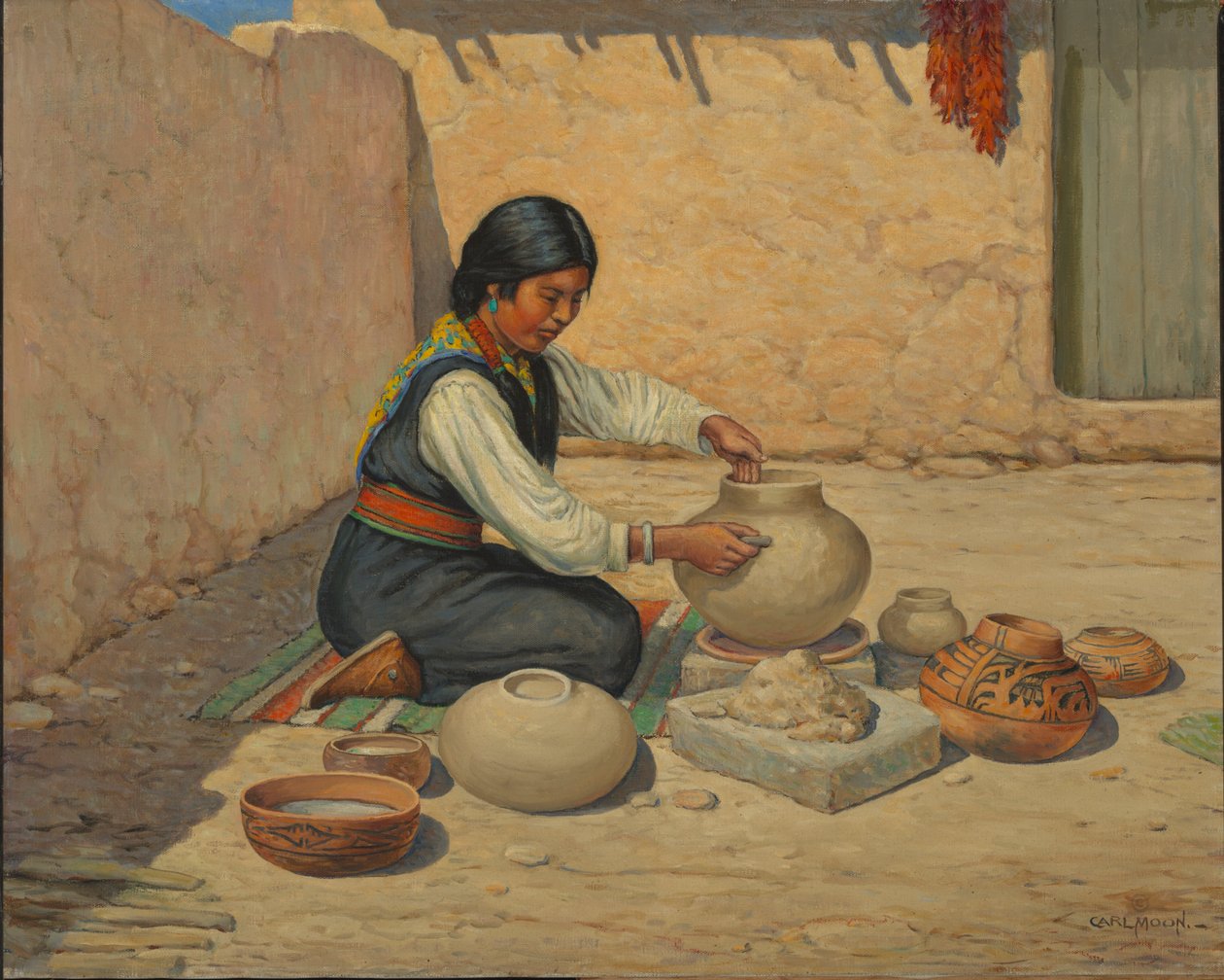Kobieta Hopi wytwarzająca ceramikę autorstwa Carl Moon