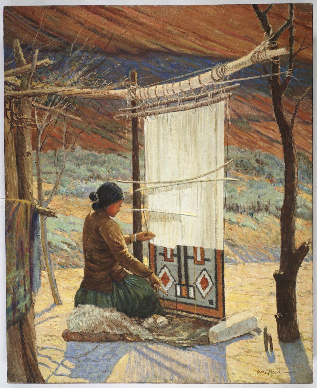 Navaho Weaver, Canyon de Chelly, Navaho Reserve (olej na płótnie zamontowany na panelu) autorstwa Carl Moon