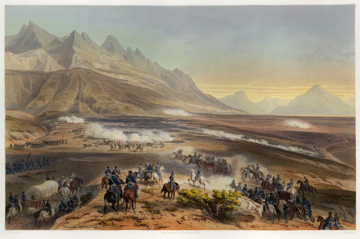 Bitwa pod Buena Vista, z filmu Wojna między Stanami Zjednoczonymi a Meksykiem, wyd. 1851 (litografia kolorowa) autorstwa Carl Nebel
