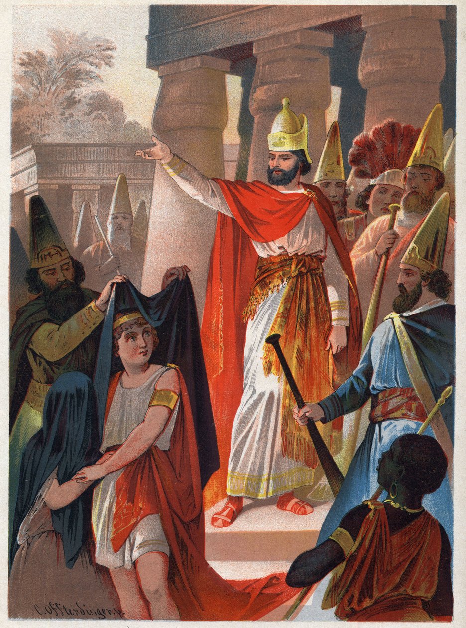 Na znaku Sarastra ksiądz rozkłada duże czarne żagle na księciu Tamino i księżniczce Paminie Ilustracja Carla Offterdingera (1829-1889) w „Zaczarowanym flecie” (Die Zauberflote, flauto magico, Czarodziejski flet). Prywatna kolekcja. autorstwa Carl Offterdinger