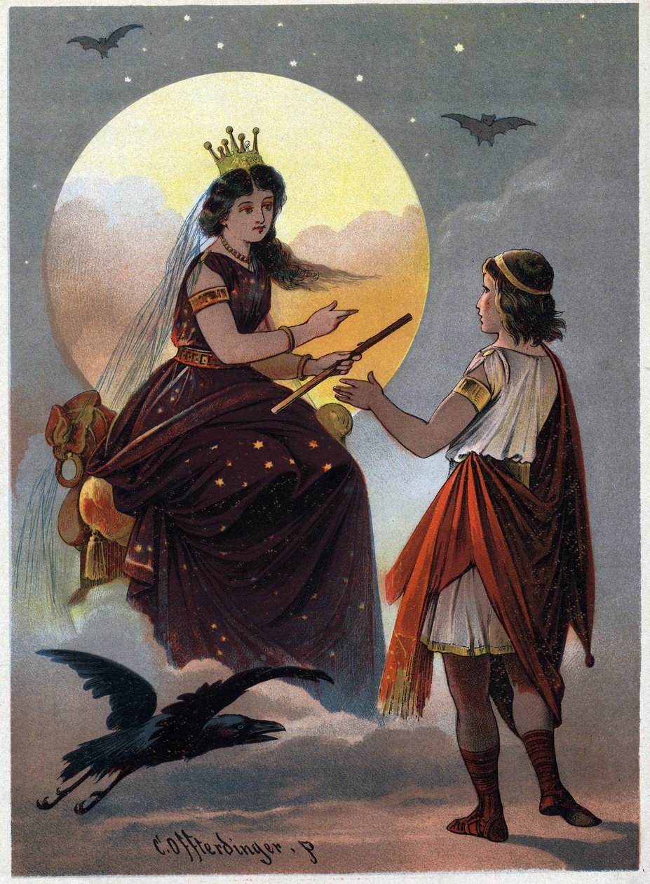 Książę Tamino przed czarującą Królową Nocy i proponuje jej córkę za mąż, jeśli uda mu się wyciągnąć ją z rąk okrutnego Sarastra. Ilustracja Carla Offterdingera (1829-1889) w „Zaczarowanym flecie”. (Die Zauberflote, f autorstwa Carl Offterdinger