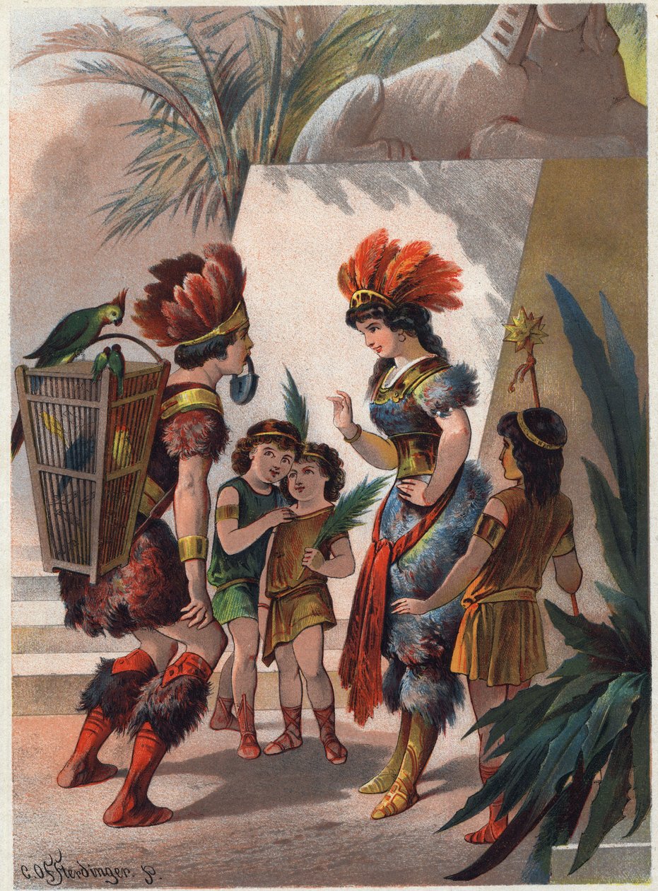 Czarny łowca zamyka usta Papageno zamkiem, aby ukarać go za kłamstwo i sprzedanie się za zabicie węża na oczach królowej. Ilustracja Carla Offterdingera (1829-1889) w „Zaczarowanym flecie”. (Die Zauberflote, flauto magico, The Ma autorstwa Carl Offterdinger