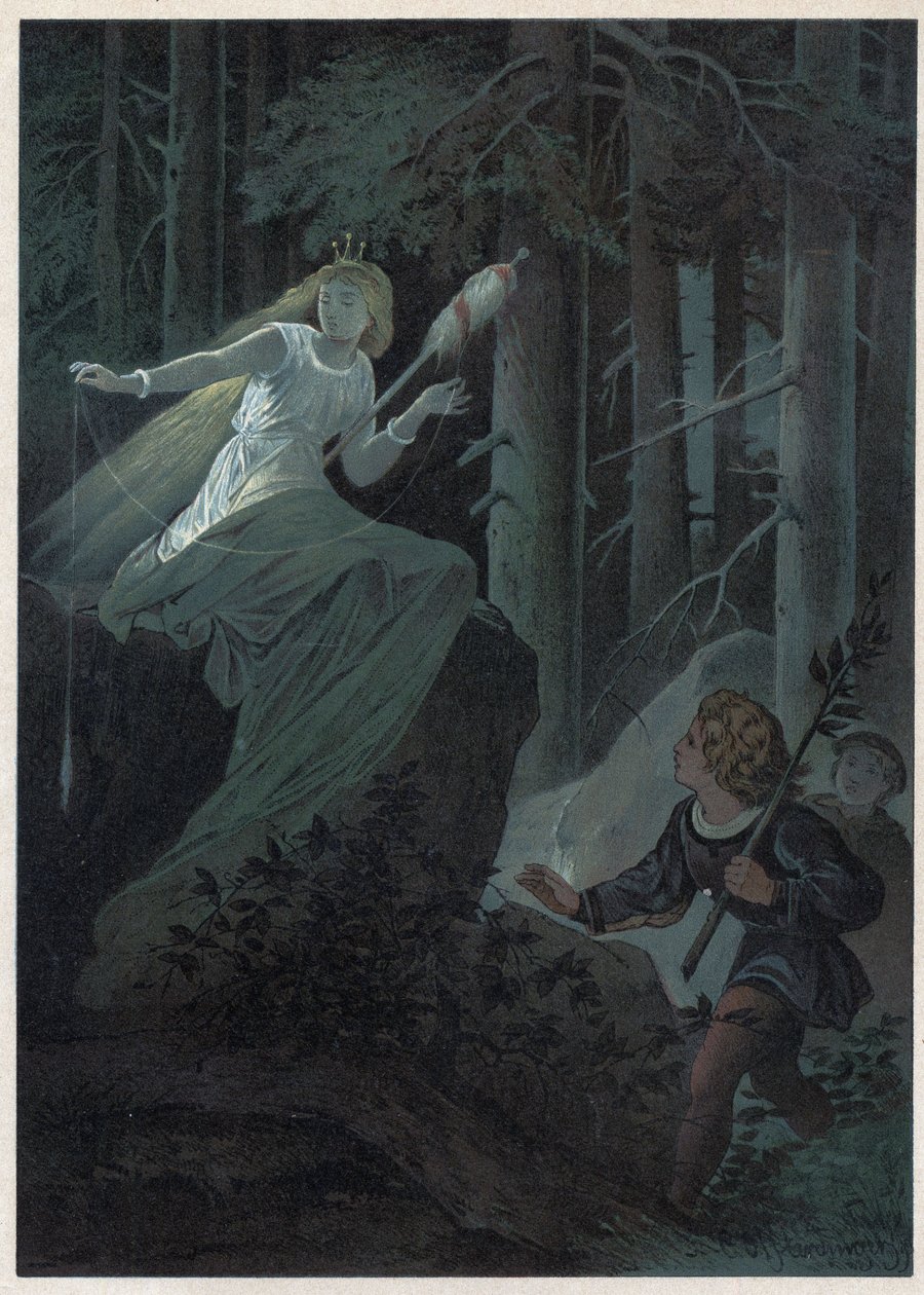 Opłata uciekająca ze złotym wrzecionem śpiewała losy złotego guzika. Ilustracja Carla Offterdingera (1829-1889) w „”Bouton d