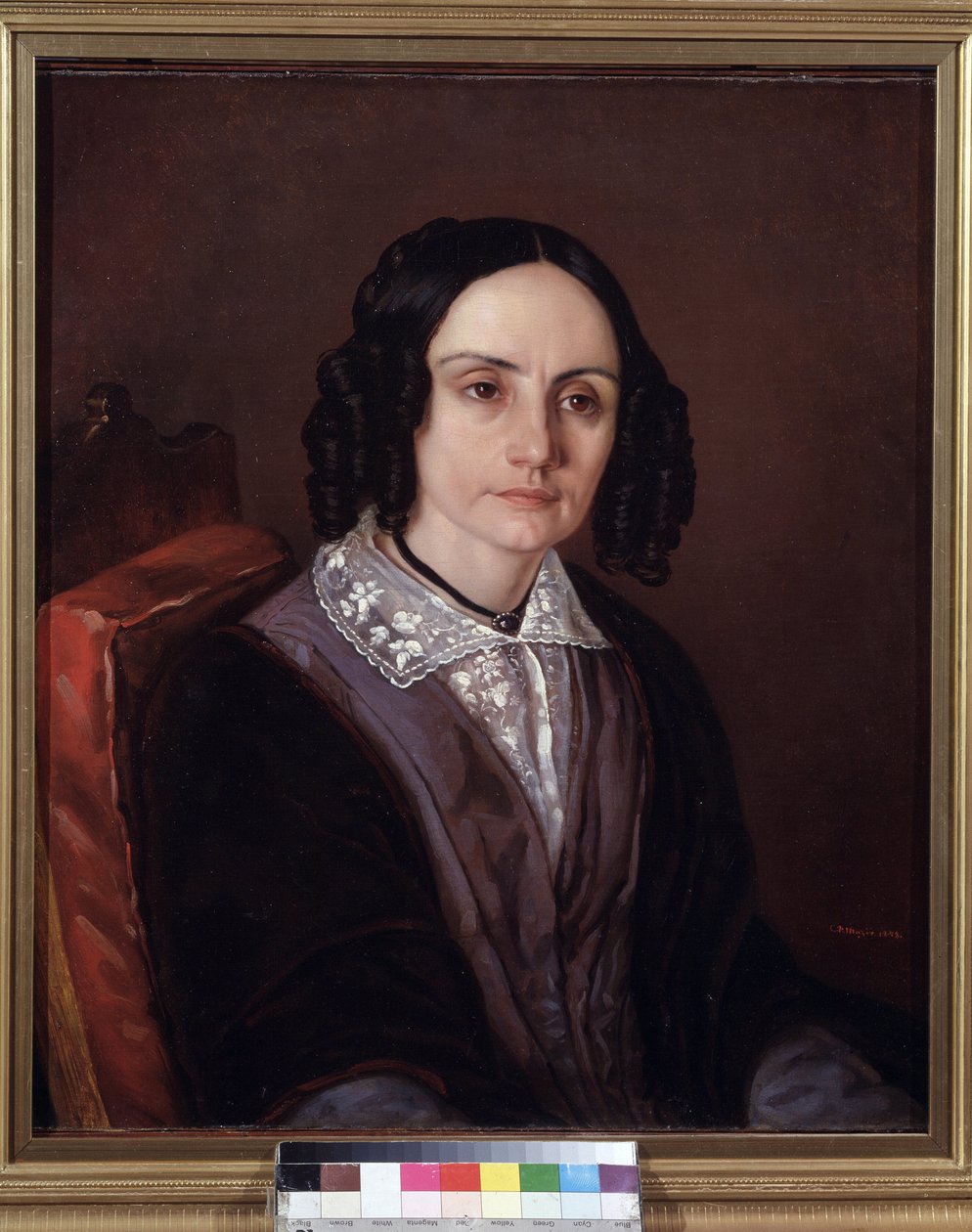 Portret hrabiny Marii N. Volkonskaya (1805-1863) (Portret hrabiny M.N. Volkonskaya). Żona księcia Serge Volkonvskiego (1788-1865), który uczestniczył w powstaniu dekabrystów lub dekabrystów w 1825 roku. Za to został skazany na wygnanie i jego autorstwa Carl Peter Mazer