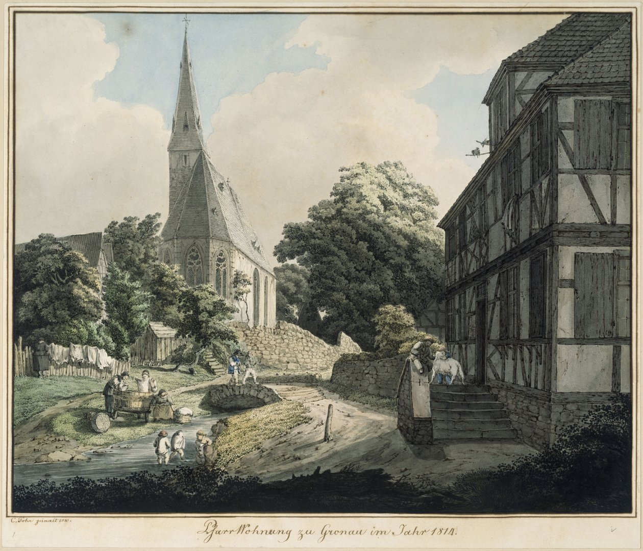 Plebania i kościół w Gronau w 1814 roku autorstwa Carl Philipp Fohr