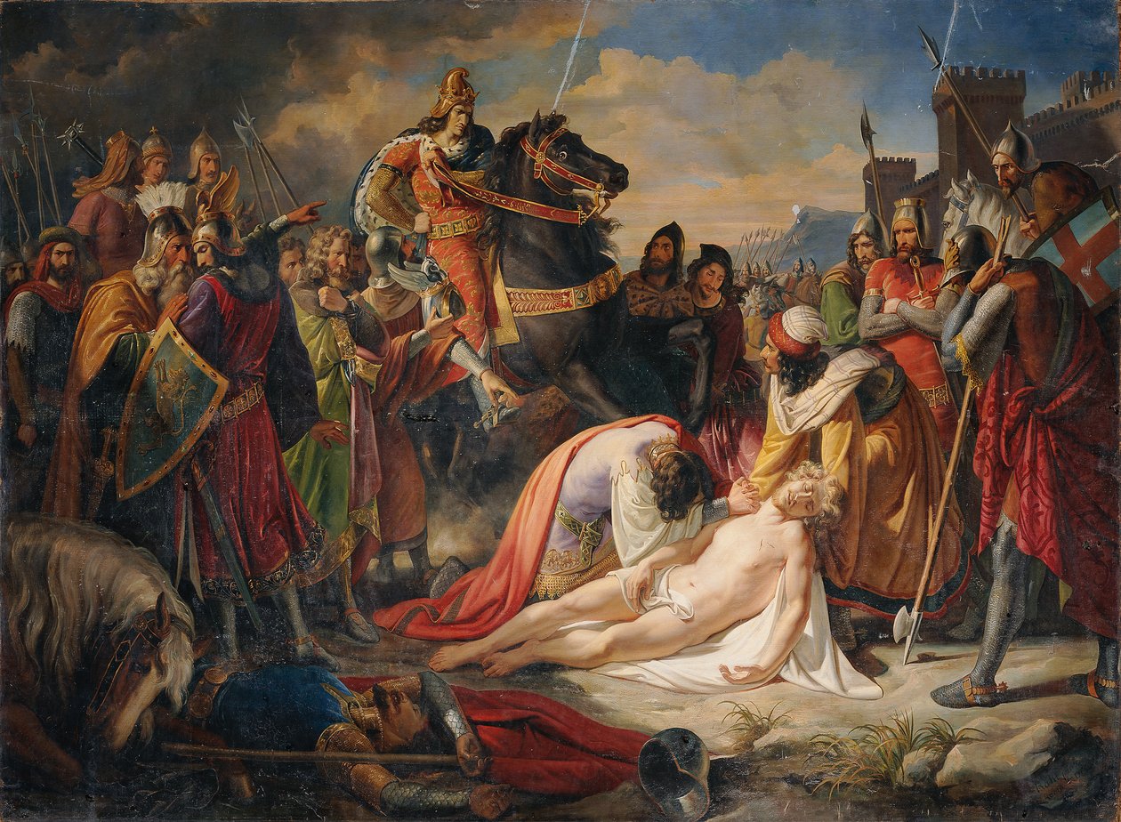 Karol I Andegaweński nad ciałem Manfreda po bitwie pod Benewentem 26 lutego 1266 1838 r. autorstwa Carl Rahl