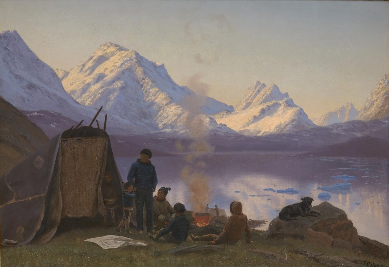 Osada grenlandzka nad fiordem. Lato autorstwa Carl Rasmussen
