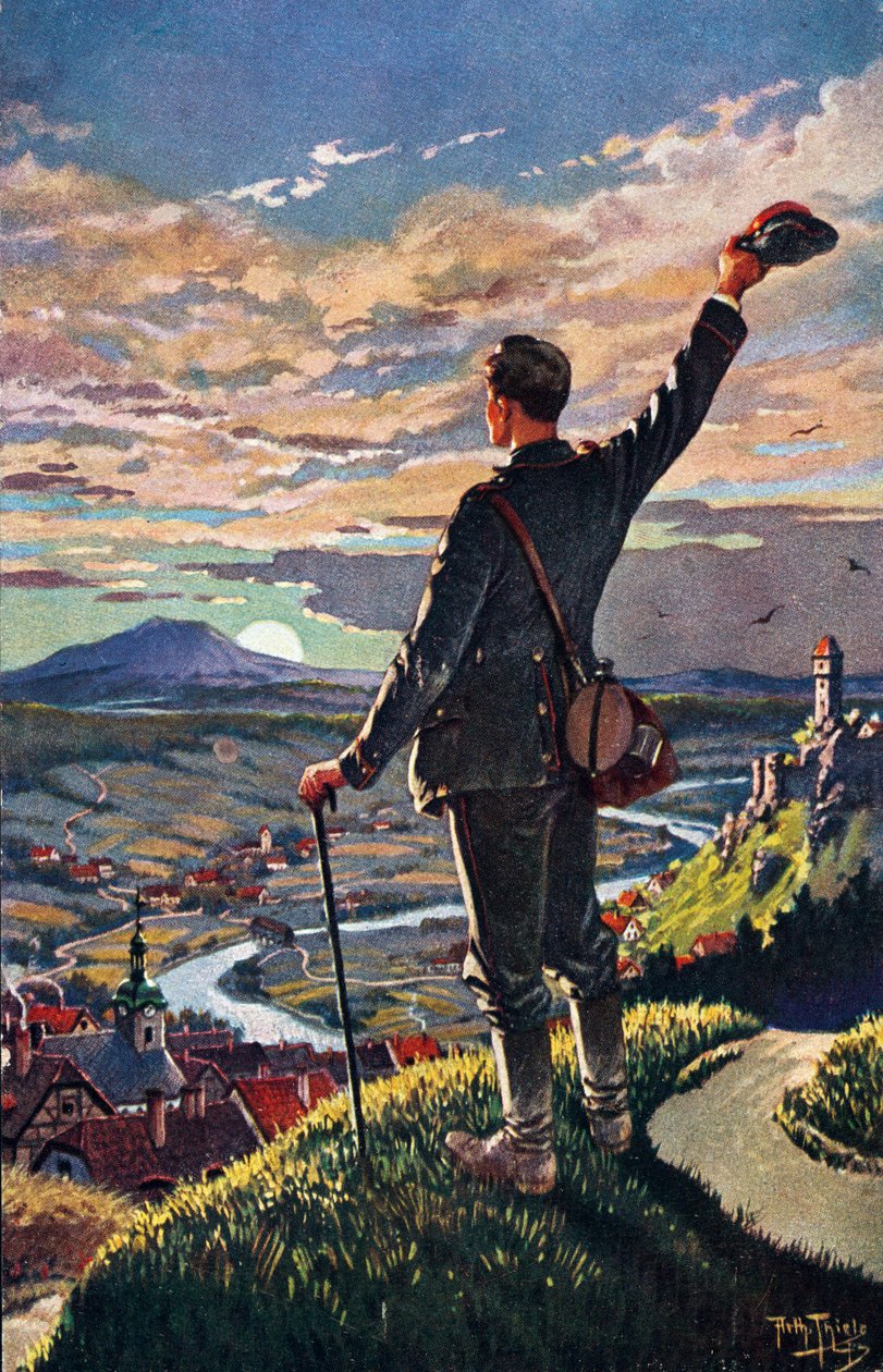 POWRÓT ŻOŁNIERZ DO DOMU - ilustracja Carl Robert Arthur Thiele 1860-1936 autorstwa Carl Robert Arthur Thiele