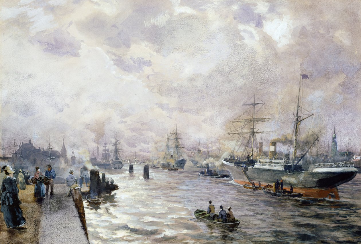 Żaglowce w porcie w Hamburgu, 1889 (wc i gwasz na papierze) autorstwa Carl Rodeck
