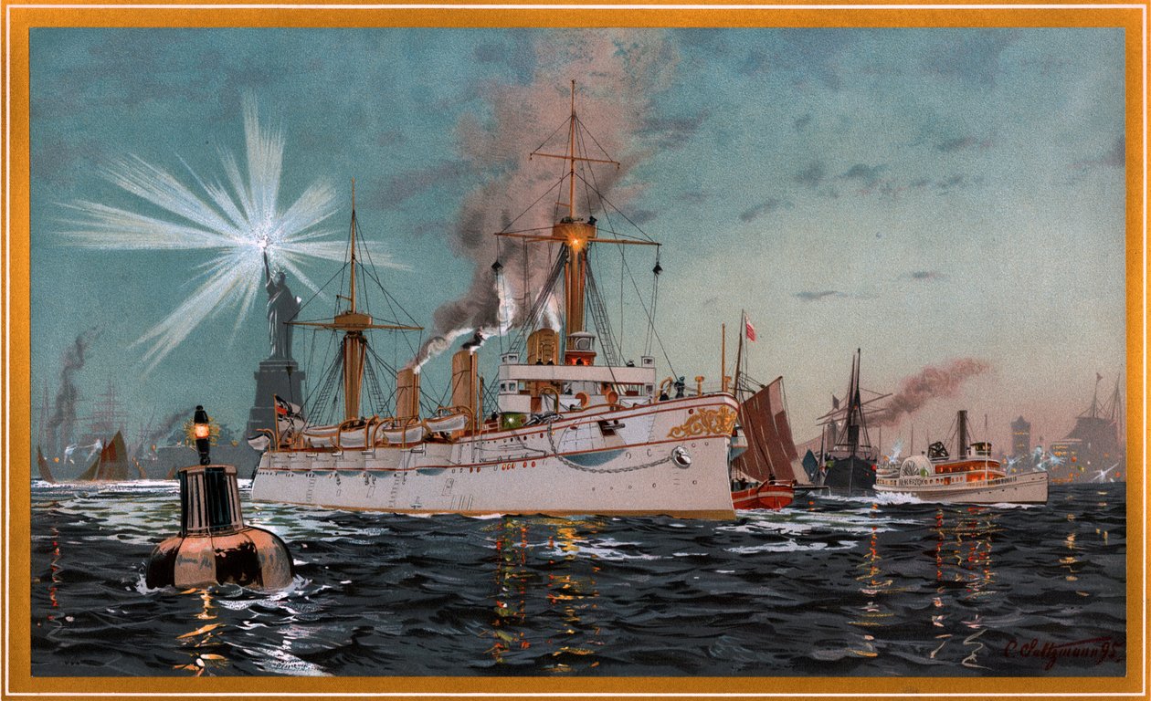 Cesarzowa Augusta opuszczająca Nowy Jork, chromolitografia C. Saltzmanna 95, nr 13 z G. Wislicenus, Unsre Kriegsflotte autorstwa Carl Saltzmann
