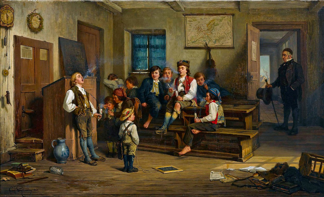 Zakazany owoc (w klasie uczniowie palą fajkę) - Zakazany owoc - Carl Bernhard Schloesser (1832-po 1914). olej na płótnie autorstwa Carl Schlosser