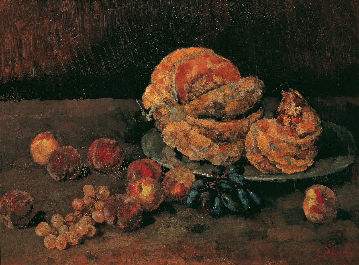 Martwa natura z dynią, brzoskwinią i winogronami autorstwa Carl Schuch