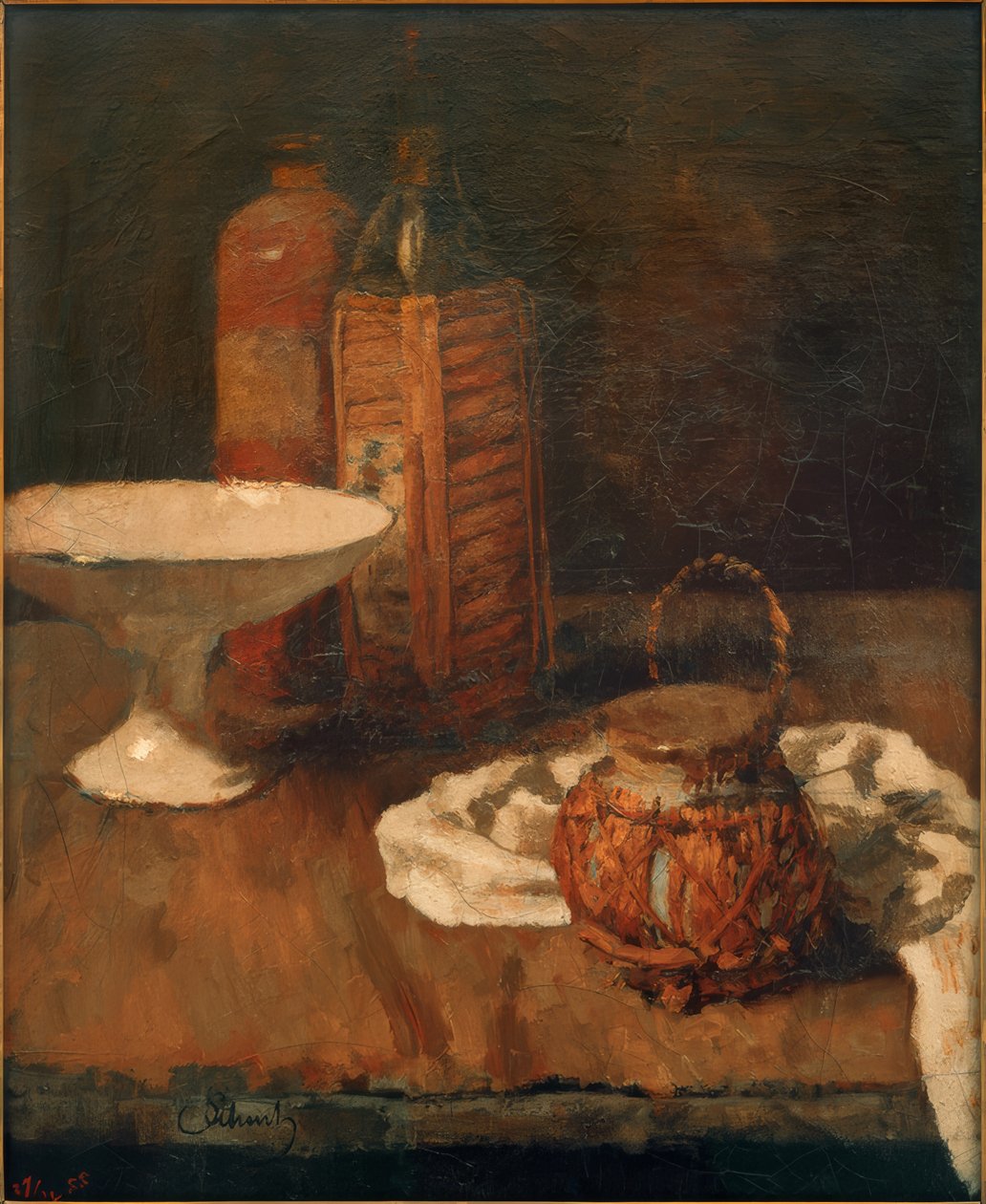 Martwa natura z butelką i miską marasquino autorstwa Carl Schuch