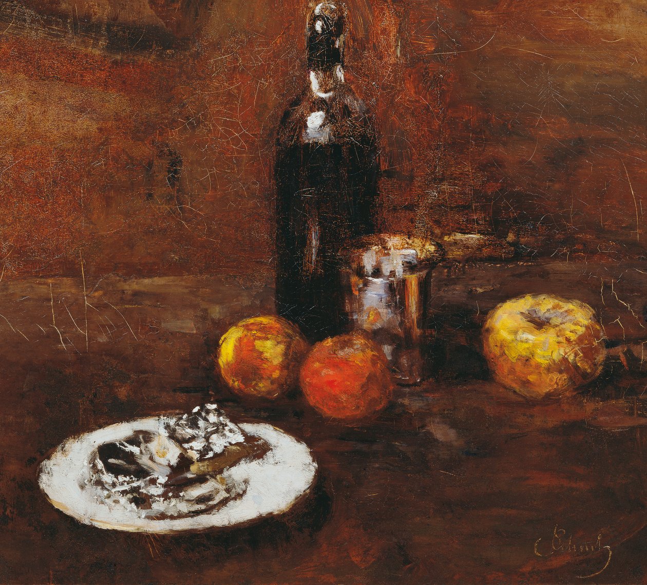 Martwa natura z trzema jabłkami i serem w folii aluminiowej autorstwa Carl Schuch