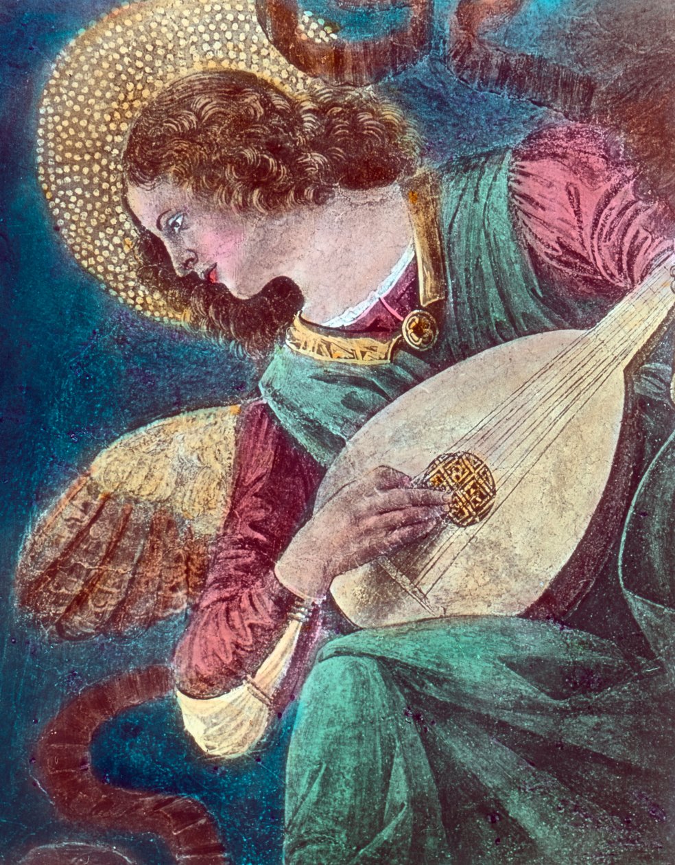 Anioł Muzykant. Fragment fresku włoskiego malarza renesansowego Melozzo da Forli, znanego również jako Michelozzo degli Ambrogi (1438 - 1494), namalowanego około 1480 roku. Data obrazu: około 1900 roku. Archiwum Carla Simona autorstwa Carl Simon