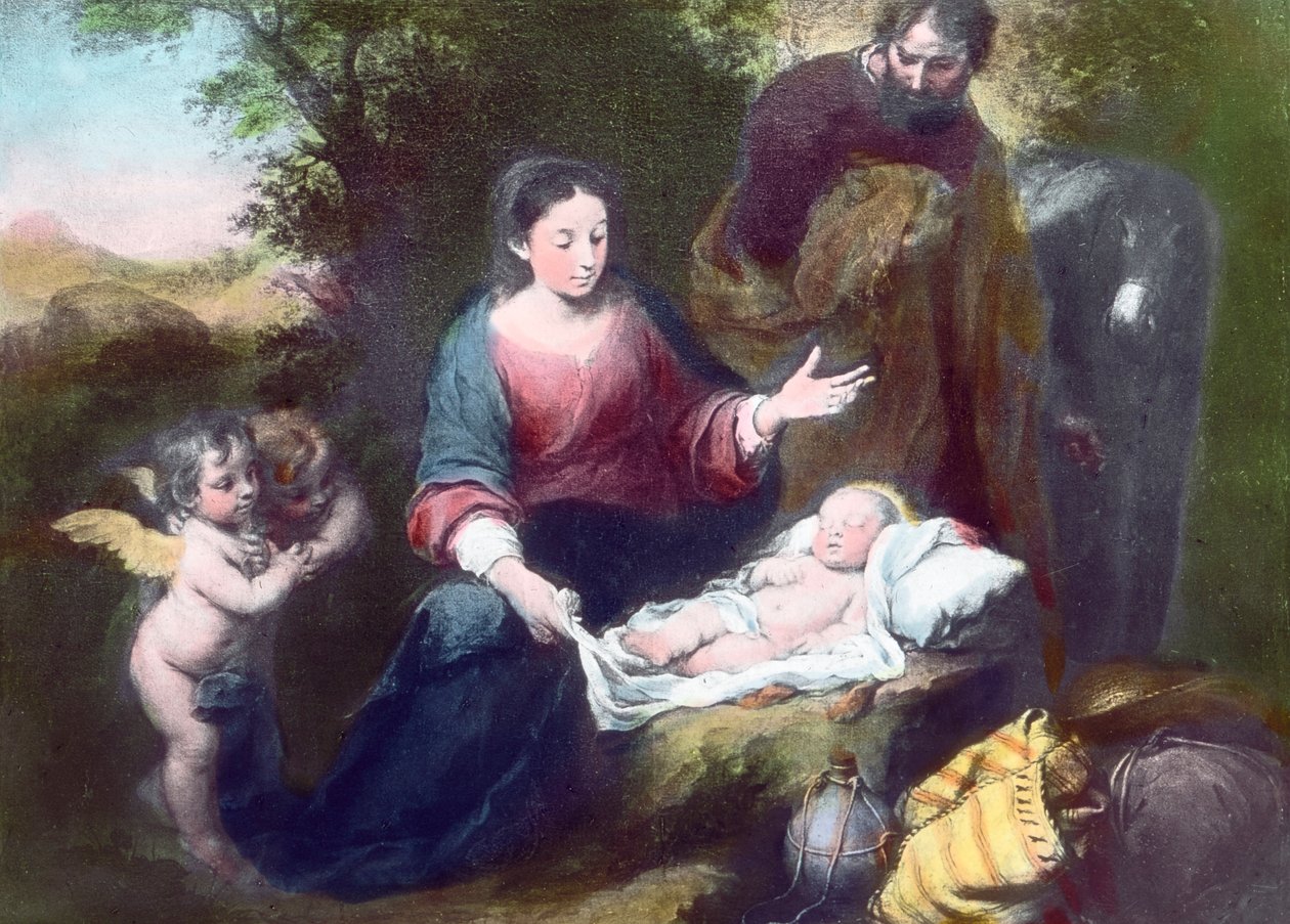 Śpiące Dzieciątko z aniołami, Maryją i Józefem. Obraz (niedatowany) autorstwa hiszpańskiego malarza barokowego Bartolome Estebana Murillo (1617-1682). Data powstania obrazu: około 1900 roku. Archiwum Carla Simona autorstwa Carl Simon