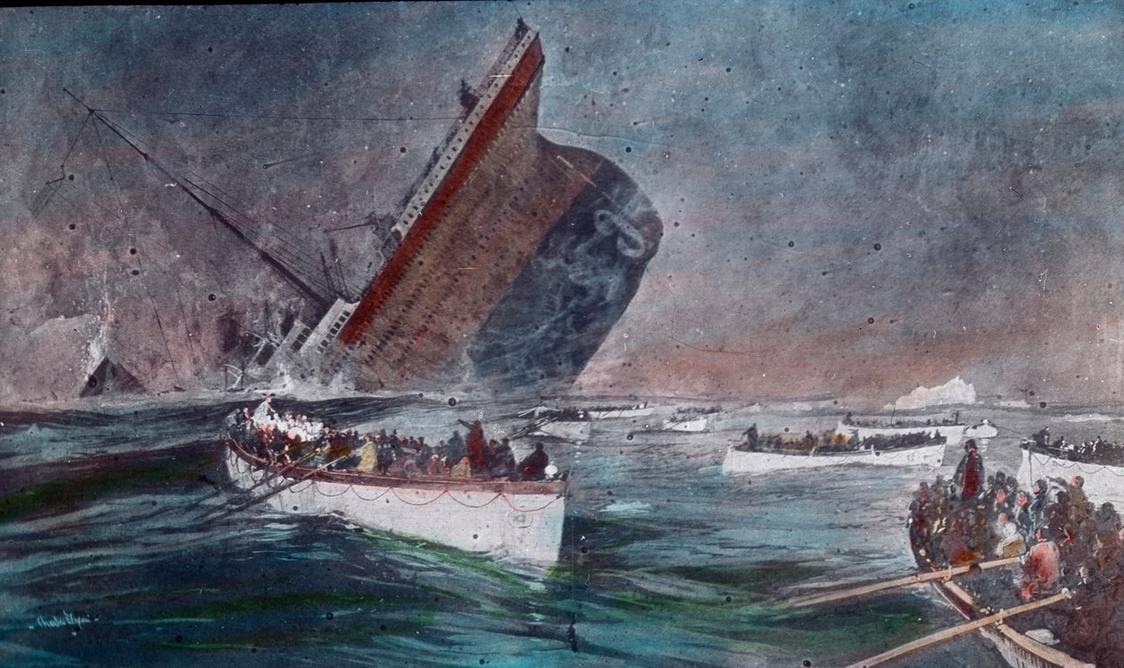 Dziewiczy rejs Titanica 1912 - zatonięcie Titanica - szalupy ratunkowe z ocalałymi z katastrofy Titanica, ilustracja autorstwa Carl Simon