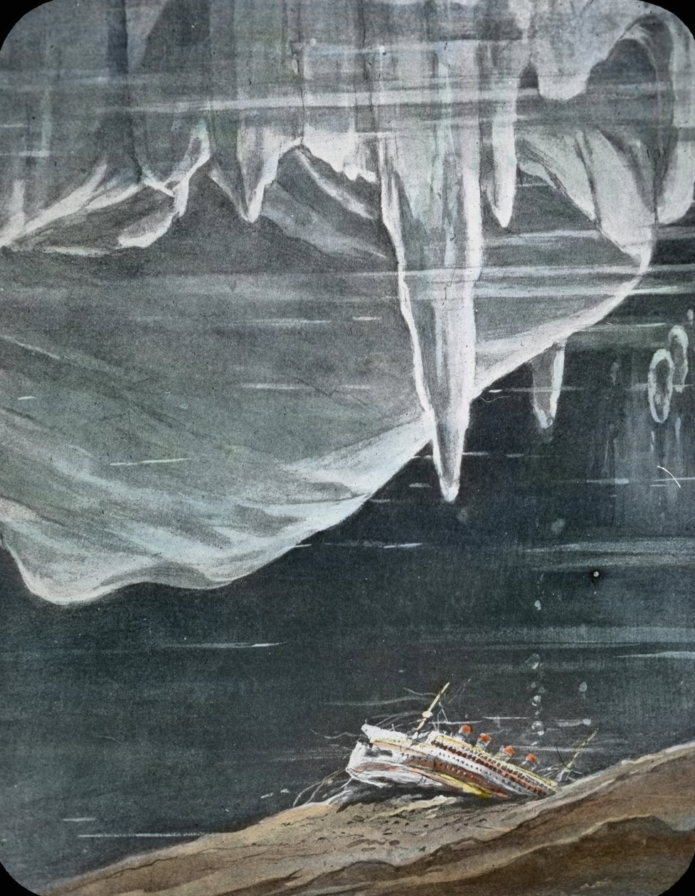 Dziewiczy rejs Titanica 1912, katastrofa Titanica, ilustracja, zatonięcie Titanica, historia, historyczny, ilustracja, Carl Simon, ręcznie kolorowany szklany slajd autorstwa Carl Simon