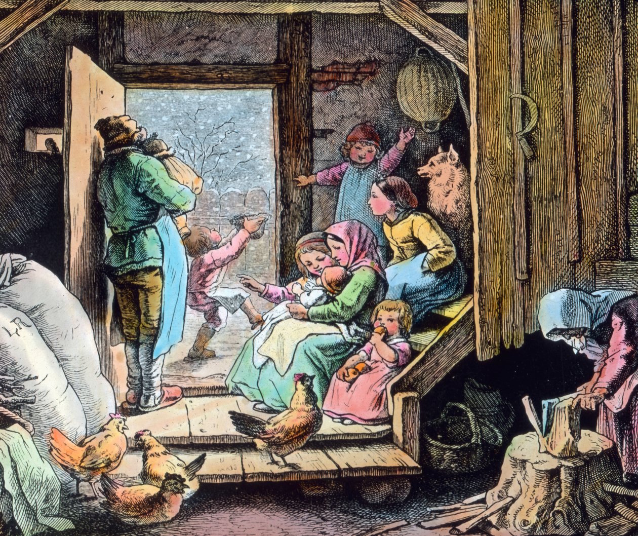Nadchodzi zima z pierwszym śniegiem. Grafika (niedatowana) autorstwa niemieckiego malarza i grafika Fritza Richtera (1904-1981). Data powstania obrazu: około 1930 roku. Archiwum Carla Simona autorstwa Carl Simon