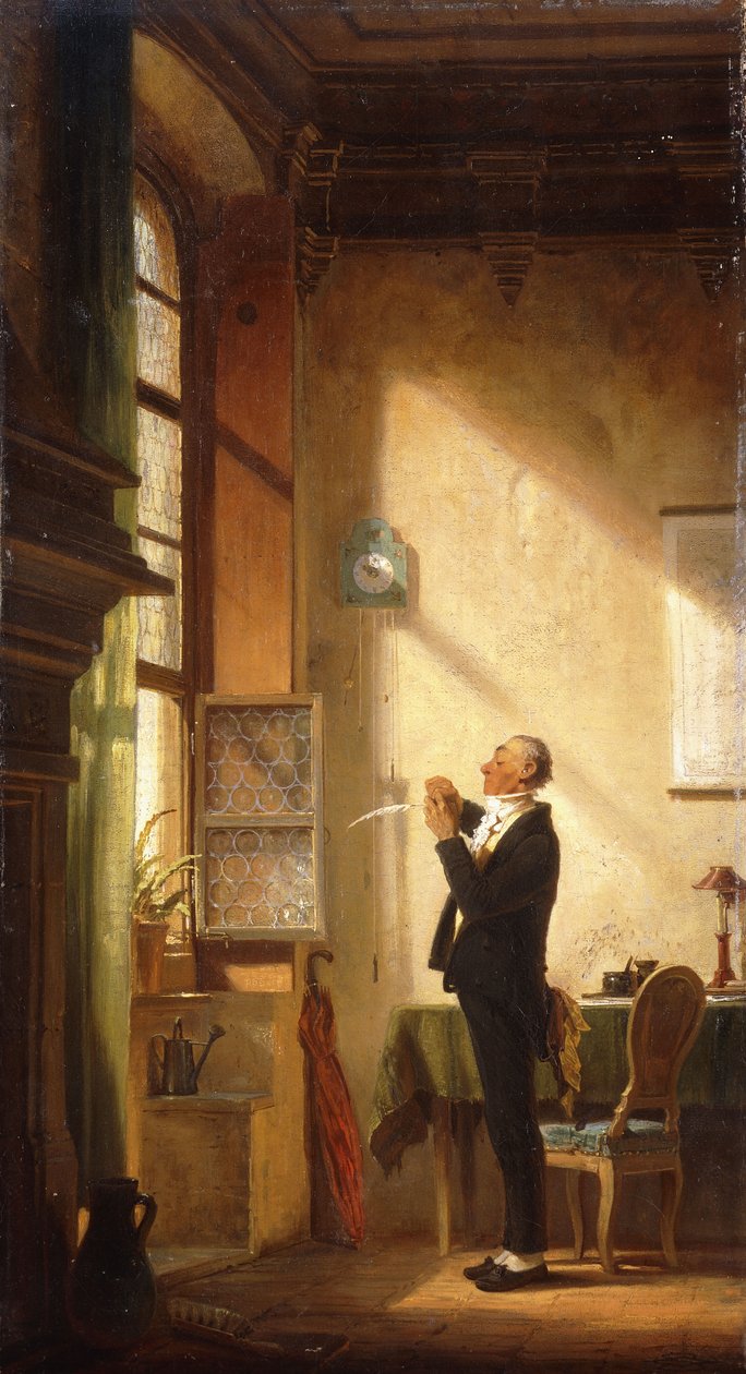 Pisarz ostrzący pióro; Skryba, odcinając pióro, autorstwa Carl Spitzweg