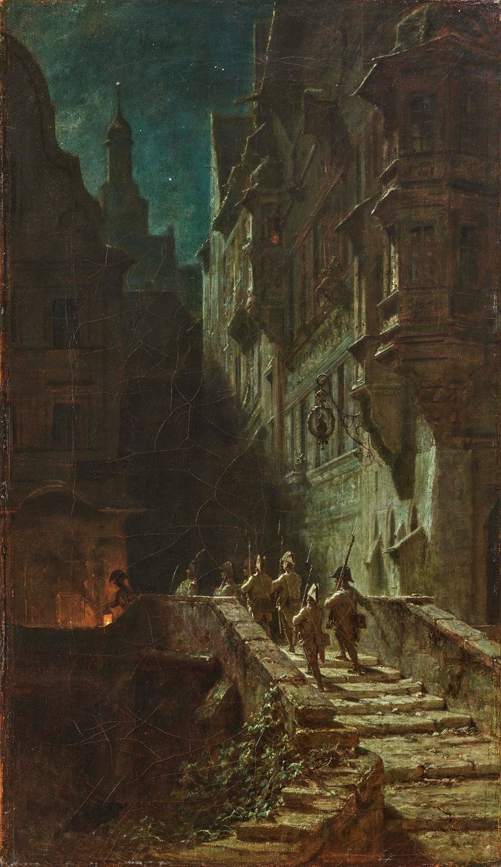 Nocna runda straży tłumu. autorstwa Carl Spitzweg