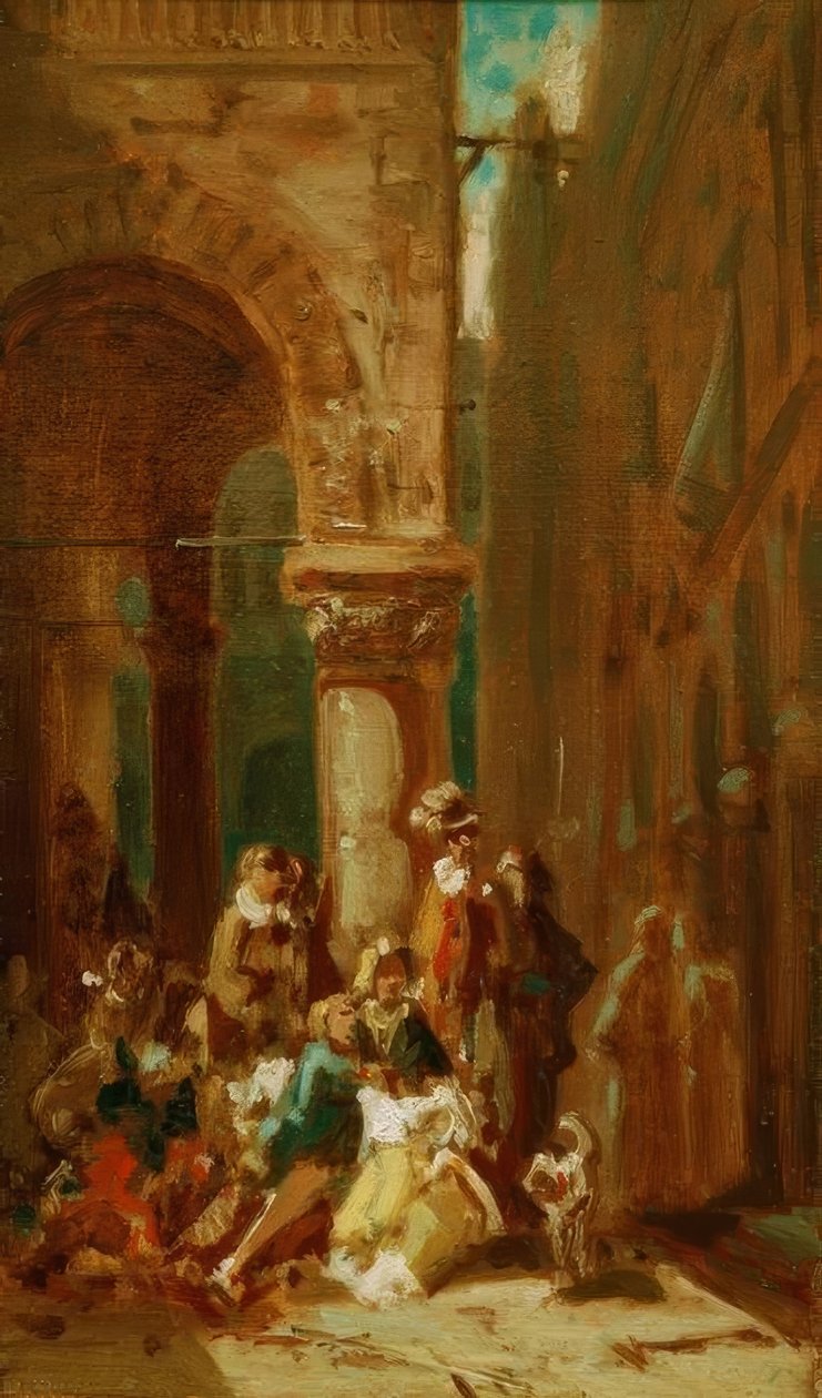 Podróżujący: aktorzy w Loggia dei Lanzi we Flo autorstwa Carl Spitzweg