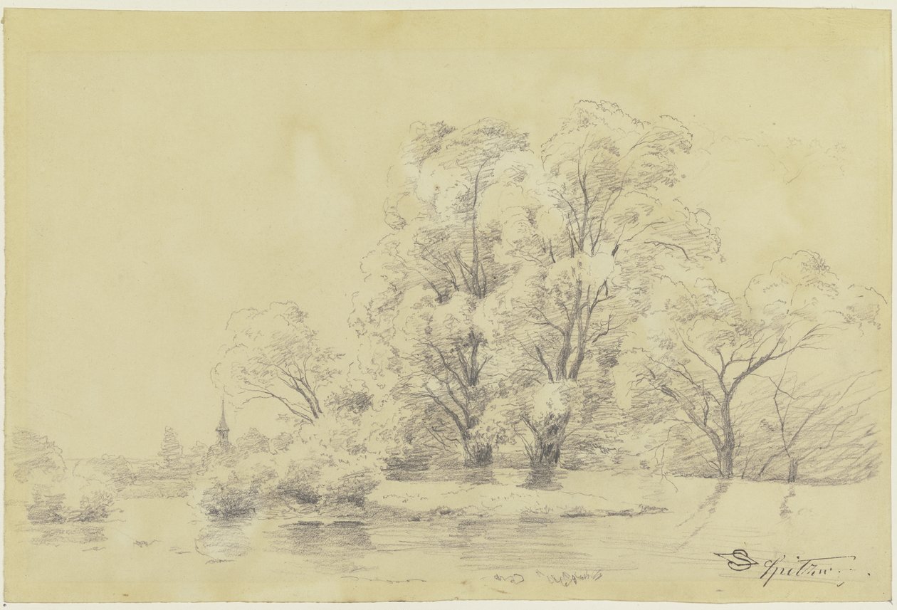 Krajobraz z drzewami nad wodą, w oddali wieża wiejskiego kościoła autorstwa Carl Spitzweg
