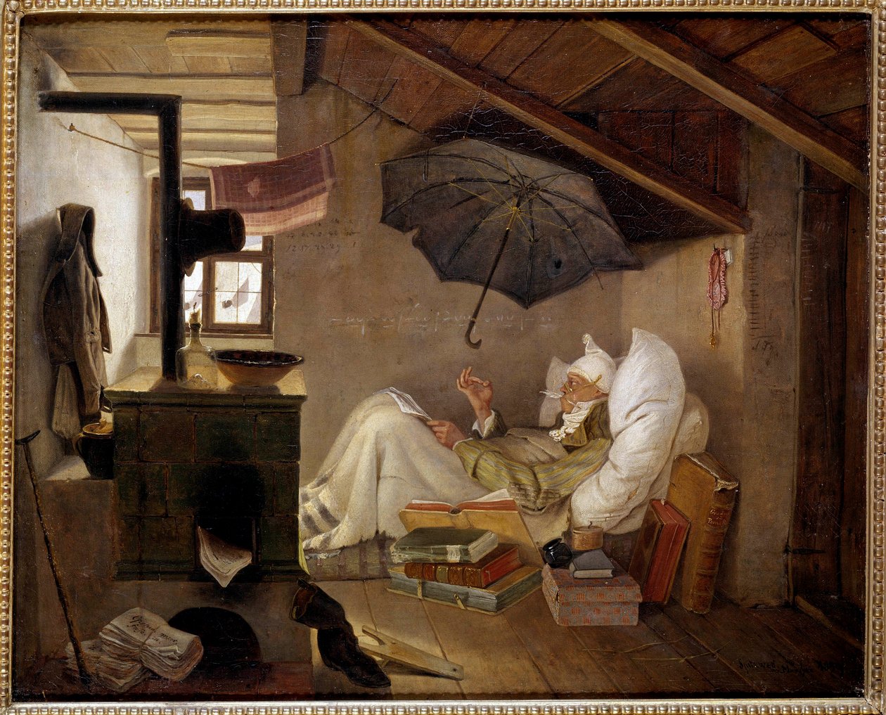 Biedny poeta Stary człowiek leży na strychu. Obraz Carla Spitzwega (1808-1885) 1839. Wym. 0,36 X 0,44 m Berlin, Altes Museum, Niemcy - Biedny poeta. Stary człowiek przykuty do łóżka na strychu. Obraz Carla Spitzwega (1808-1885) autorstwa Carl Spitzweg