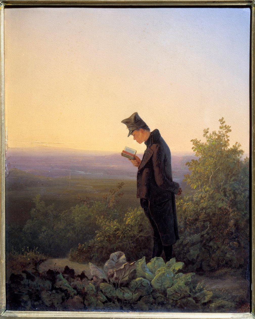 Wieczorne czytanie brewiarza Mężczyzna czytający Biblię w romantycznym krajobrazie. Obraz Karla Spitzwega (1808-1885) n 1845 nd. 0,29x0,23 m² autorstwa Carl Spitzweg