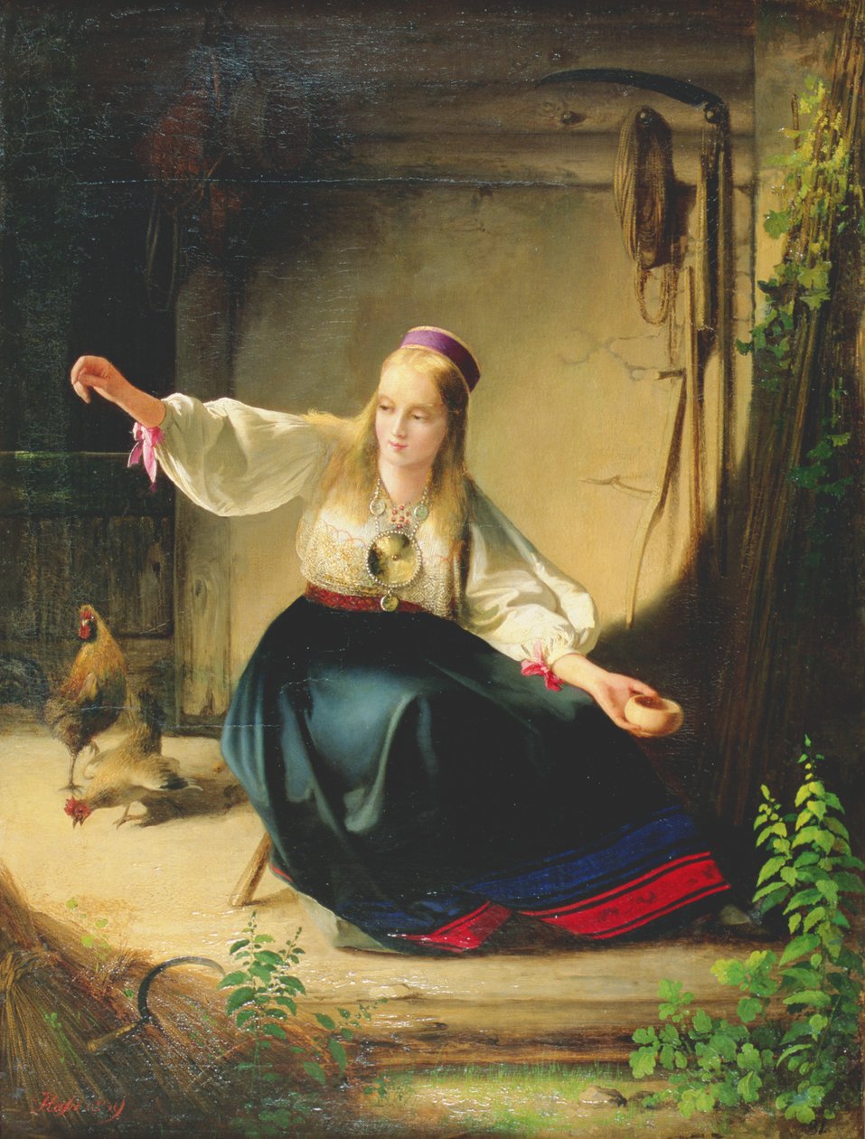 Dziewczynka karmiąca kury, 1839 autorstwa Carl Timoleon von Neff
