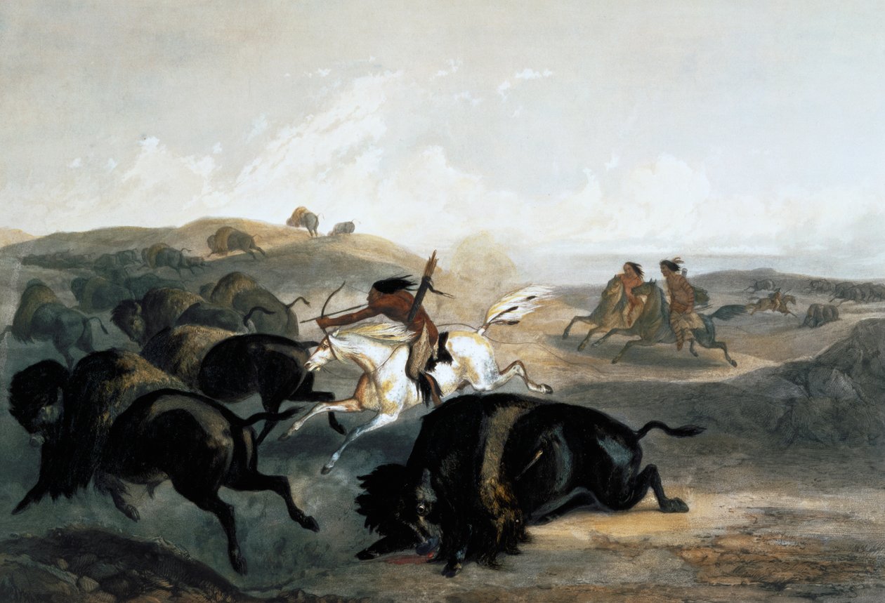 „Indianie polują na żubra”, 1843 autorstwa Carl Vogel