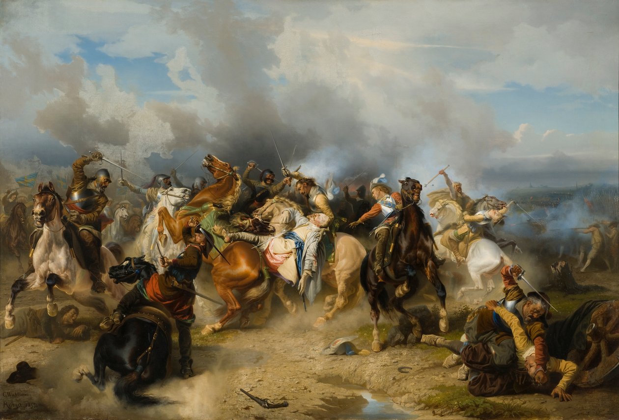 Śmierć króla Szwecji Gustawa II Adolfa w bitwie pod Lützen, 1855 autorstwa Carl Wahlbom