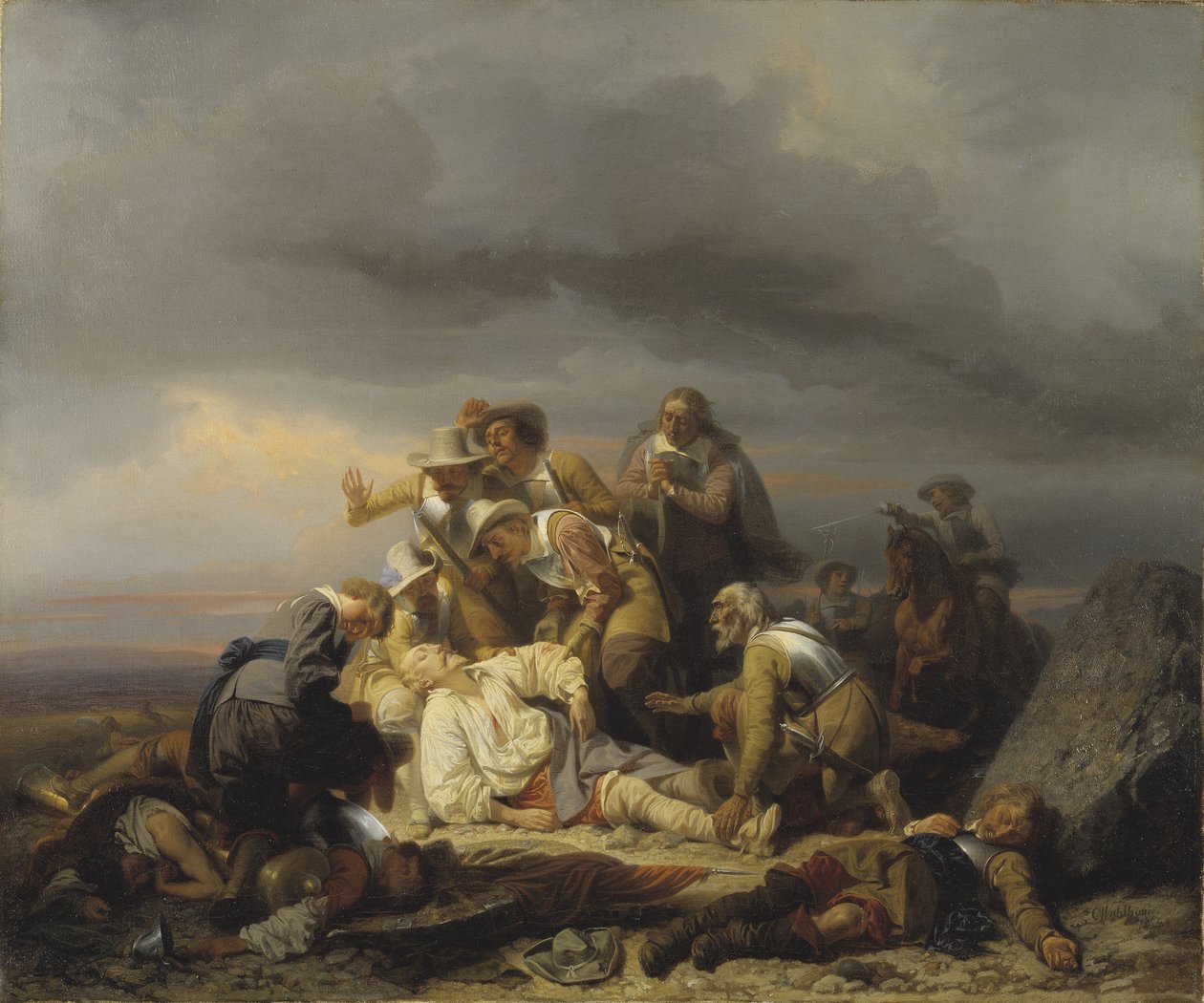 Odnalezienie ciała króla Szwecji Gustawa II Adolfa (1594-1632) zwanego Wielkim lub Lew Północy, który zginął w bitwie pod Lutzen, 6 listopada 1632 - Odnalezienie ciała króla Szwecji Gustawa II Adolfa po Bitwa pod Luetze, autorstwa Wahlboma, Carla (1810- autorstwa Carl Wahlbom